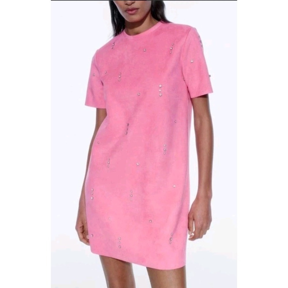 Zara Faux Suede Rhinestone Dress Pink Jeweled Short Sleeve Mini Size Medium NWT